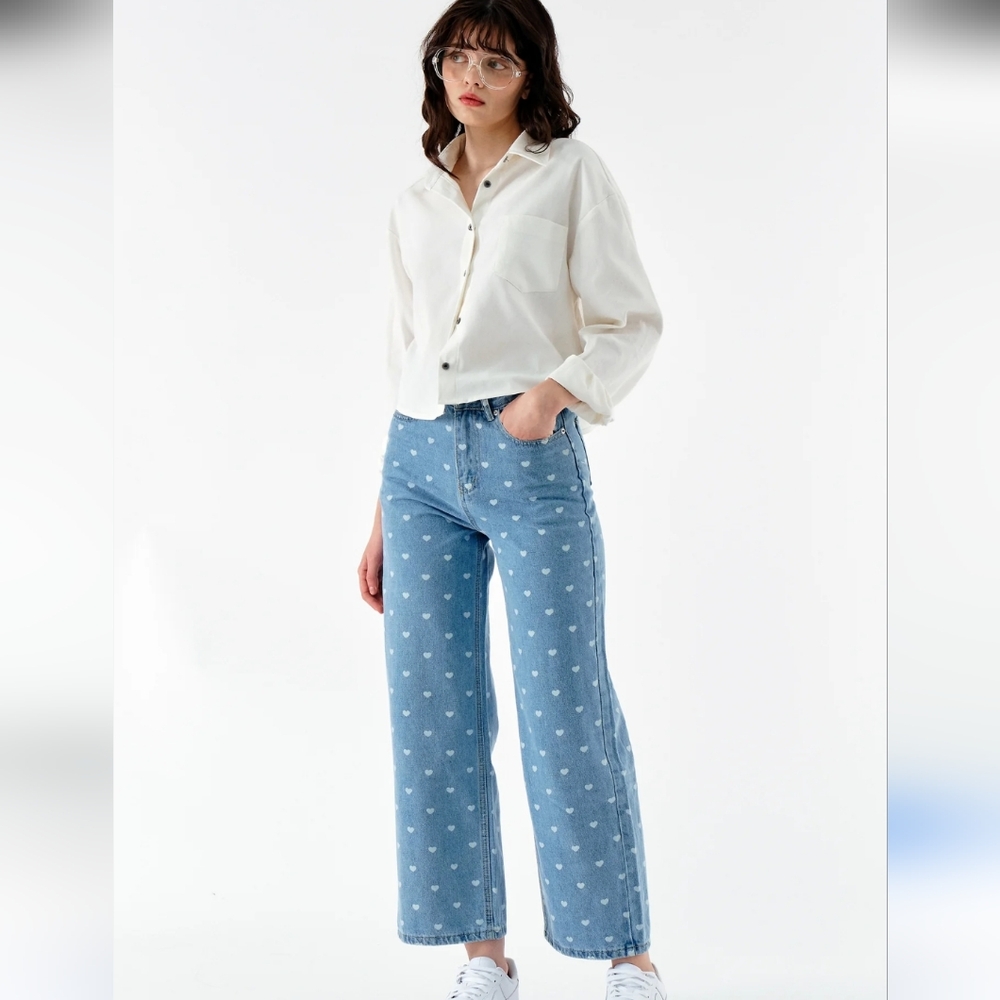 Oat Heart Frayed Boho Wide Leg Denim Crop Jeans New 4 27